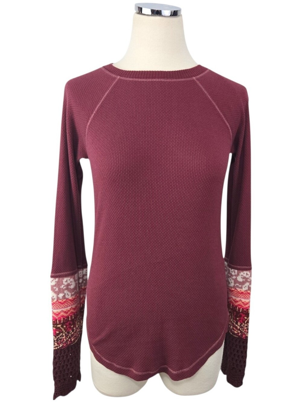 Free People Switch It Up Cuff Thermal Top M Burgundy Crochet Raglan Long Sleeve